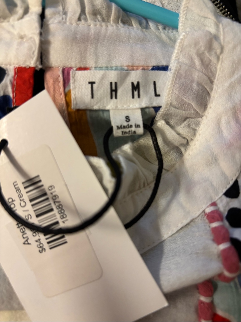 THML White Linen Top with Multicolor Printed Yoke and Blue Stripe Sleeves - Picture 3 of 4